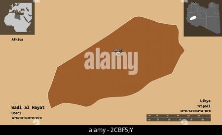 Shape of Wadi al Hayat, district of Libya, and its capital. Distance scale, previews and labels. Composition of patterned textures. 3D rendering Stock Photo