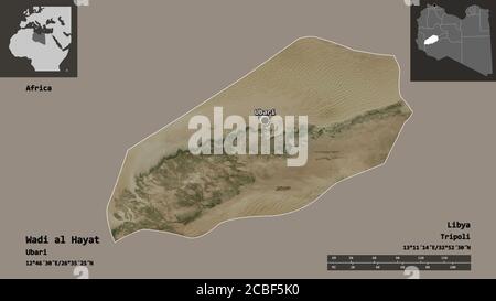 Shape of Wadi al Hayat, district of Libya, and its capital. Distance scale, previews and labels. Satellite imagery. 3D rendering Stock Photo