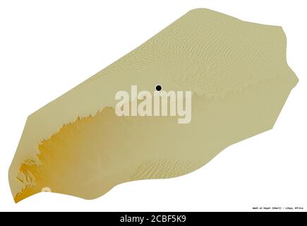 Shape of Wadi al Hayat, district of Libya, with its capital isolated on white background. Topographic relief map. 3D rendering Stock Photo