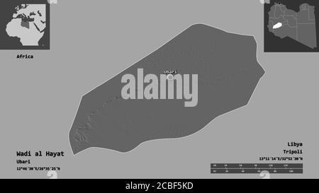 Shape of Wadi al Hayat, district of Libya, and its capital. Distance scale, previews and labels. Bilevel elevation map. 3D rendering Stock Photo