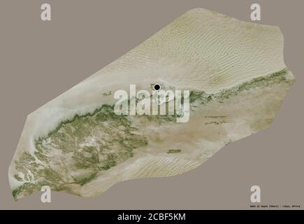 Shape of Wadi al Hayat, district of Libya, with its capital isolated on a solid color background. Satellite imagery. 3D rendering Stock Photo