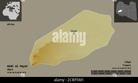 Shape of Wadi al Hayat, district of Libya, and its capital. Distance scale, previews and labels. Topographic relief map. 3D rendering Stock Photo