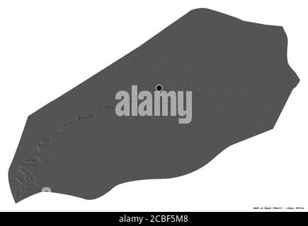 Shape of Wadi al Hayat, district of Libya, with its capital isolated on white background. Bilevel elevation map. 3D rendering Stock Photo