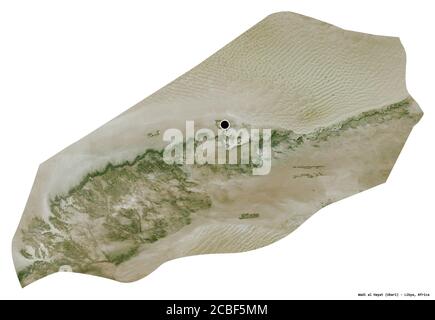 Shape of Wadi al Hayat, district of Libya, with its capital isolated on white background. Satellite imagery. 3D rendering Stock Photo