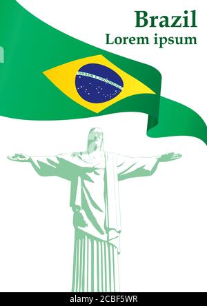 Flag of Brazil, Federative Republic of Brazil. statue of Christ the Redeemer, Rio de Janeiro. Bright, colorful vector illustration Stock Vector