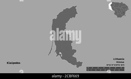 Shape of Klaipedos, county of Lithuania, with its capital isolated on solid background. Distance scale, region preview and labels. Bilevel elevation m Stock Photo