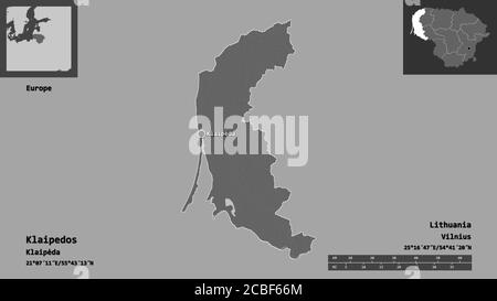 Shape of Klaipedos, county of Lithuania, and its capital. Distance scale, previews and labels. Bilevel elevation map. 3D rendering Stock Photo