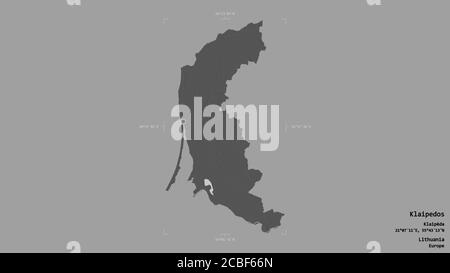 Area of Klaipedos, county of Lithuania, isolated on a solid background in a georeferenced bounding box. Labels. Bilevel elevation map. 3D rendering Stock Photo