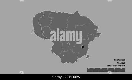 Desaturated shape of Lithuania with its capital, main regional division and the separated Klaipedos area. Labels. Bilevel elevation map. 3D rendering Stock Photo