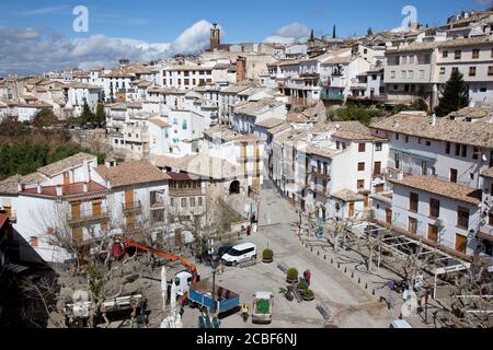 Elevated view of the mountain town of Cazorla in Spain with tree pruning in the old Plaza Santa Maria Stock Photo