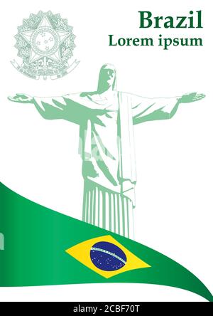 Flag of Brazil, Federative Republic of Brazil. statue of Christ the Redeemer, Rio de Janeiro. Bright, colorful vector illustration Stock Vector