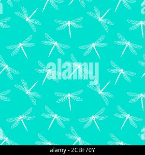 Dragonfly summer seamless pattern. Decorative insects on green background. Vector illustration. Stock Vector