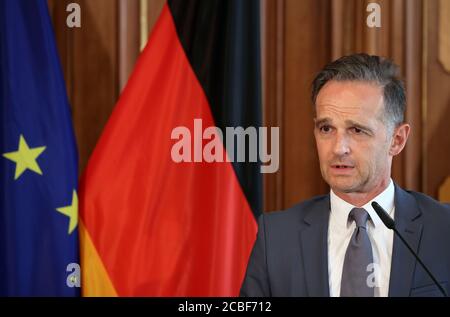 Berlin, Germany. 13th Aug, 2020. Heiko Maas, Foreign Minister of Germany, and his Norwegian counterpart Soreide will hold a joint press conference in connection with the coronavirus pandemic in the Foreign Ministry's guest house in Villa Borsig. Credit: Fabrizio Bensch/Reuters Pool/dpa/Alamy Live News Stock Photo