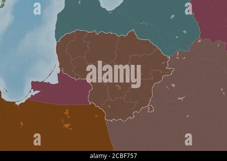 Extended area of Lithuania with country outline, international and regional borders. Colored elevation map. 3D rendering Stock Photo