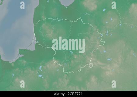 Extended area of Lithuania with country outline, international and regional borders. Topographic relief map. 3D rendering Stock Photo