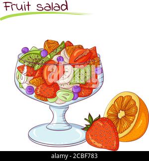 Vector illustration of fruit salad isolated on white background. Food Icon. Design for cookbook, restaurant business. Series of food, drinks and ingredients for cooking. Stock Vector