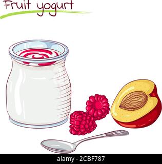 Vector illustration of fruit yogurt isolated on white background. Food Icon. Design for cookbook, restaurant business. Series of food, drinks and ingredients for cooking. Stock Vector