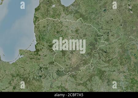 Extended area of Lithuania with country outline, international and regional borders. Satellite imagery. 3D rendering Stock Photo