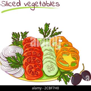Vector illustration of sliced vegetables on a plate isolated on white background. Food Icon. Design for cookbook, restaurant business. Series of food, drinks and ingredients for cooking. Stock Vector