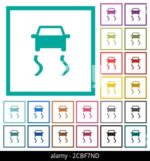 Slippery road dashboard indicator flat color icons with quadrant frames on white background Stock Vector
