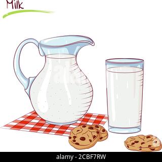 Vector illustration of milk in a jug and cookie isolated on white background. Food Icon. Design for cookbook, restaurant business. Series of food, drinks and ingredients for cooking. Stock Vector