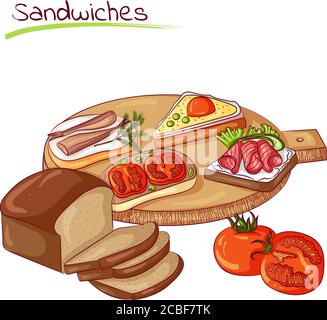 Vector illustration of sandwiches and bread isolated on white background. Food Icon. Design for cookbook, restaurant business. Series of food, drinks and ingredients for cooking. Stock Vector