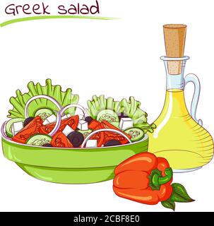 Vector illustration of Greek salad isolated on white background. Food Icon. Design for cookbook, restaurant business. Series of food, drinks and ingredients for cooking. Stock Vector