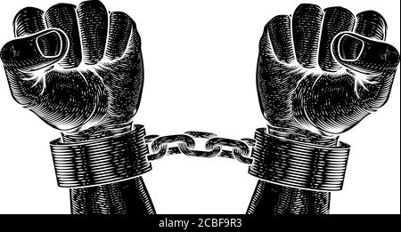 Prisoner Shackles Chained Hands Vintage Woodcut Stock Vector