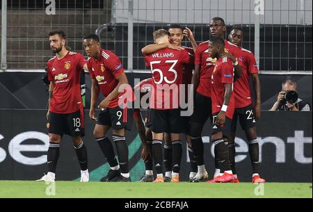 City Cologne, Deutschland. 11th Aug, 2020. jubilation, goaljubel, after the supposed 1: 0, was revoked after VAR, United Brandon Williams, United Mason Greenwood, United Anthony Martial, United Bruno Fernandes, United Aaron Wan-Bissaka, Sport: Soccer: EL, Europa League, Season 19/20, quarter-finals, 08/10/2020 Manchester United - FC Copenhagen Credit: Jurgen Fromme/firosportphoto/POOL | usage worldwide/dpa/Alamy Live News Stock Photo