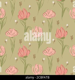 Hand drawn big tulips on green seamless background. Stock Vector