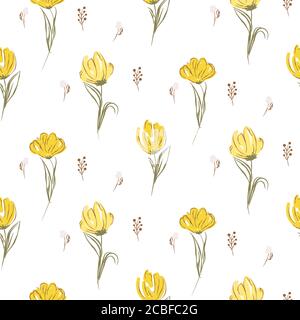 Hand drawn yellow big tulips on white seamless background. Stock Vector