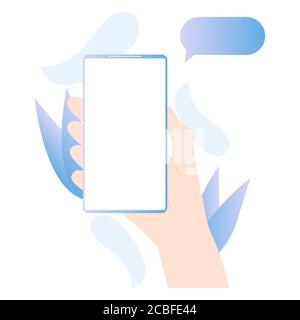Hand holding mobile phone with clean screen. Template for app presentation on smartphone. Online conference vector illustration Stock Vector
