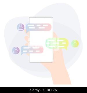 Hand holding mobile phone and chatting. Online chat, messaging app. Relations on distance vector illustration Stock Vector