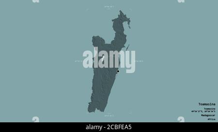 Area of Toamasina, autonomous province of Madagascar, isolated on a solid background in a georeferenced bounding box. Labels. Colored elevation map. 3 Stock Photo