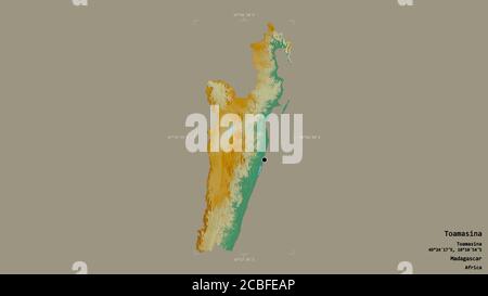 Area of Toamasina, autonomous province of Madagascar, isolated on a solid background in a georeferenced bounding box. Labels. Topographic relief map. Stock Photo