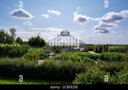 The Global growth vegetable garden and octagonal glasshouse, Hyde Hall, Essex, UK. Stock Photo