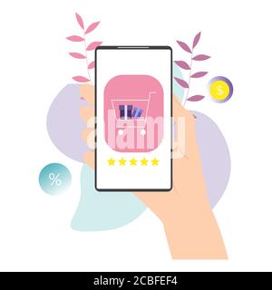 Hand holding mobile phone with buying page on screen. Cart with gifts five stars review. Online shopping, web store app. Shopping on distance Stock Vector