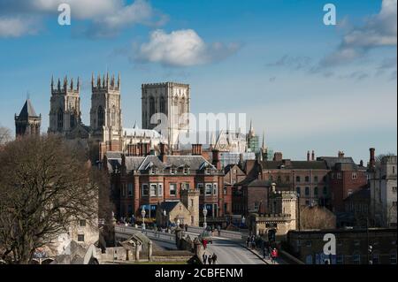 View of the city of York looking north-east from the city wall with York Minster in the distance, York, Yorkshire, England. Stock Photo