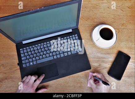Flat lay of office desk with computer, coffee and mobile phone Stock Photo