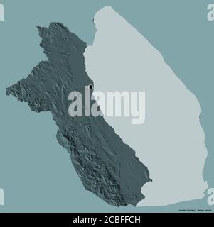 Shape of Karonga, district of Malawi, with its capital isolated on a solid color background. Colored elevation map. 3D rendering Stock Photo