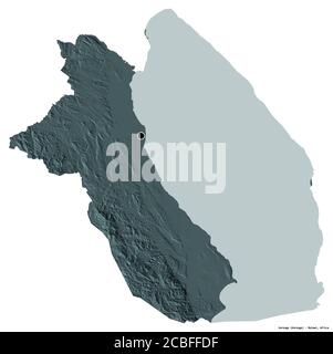 Shape of Karonga, district of Malawi, with its capital isolated on white background. Colored elevation map. 3D rendering Stock Photo