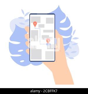 Hand holding phone with road and pointer navigation on map to destination. GPS service concept vector illustration Stock Vector