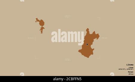 Area of Likoma, district of Malawi, isolated on a solid background in a georeferenced bounding box. Labels. Composition of patterned textures. 3D rend Stock Photo