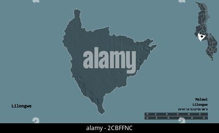 Shape of Lilongwe, district of Malawi, with its capital isolated on solid background. Distance scale, region preview and labels. Colored elevation map Stock Photo