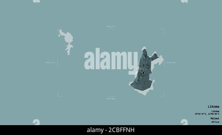 Area of Likoma, district of Malawi, isolated on a solid background in a georeferenced bounding box. Labels. Colored elevation map. 3D rendering Stock Photo