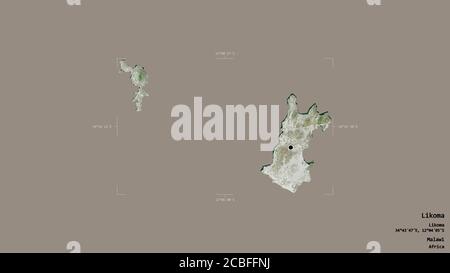 Area of Likoma, district of Malawi, isolated on a solid background in a georeferenced bounding box. Labels. Satellite imagery. 3D rendering Stock Photo