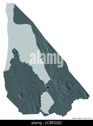 Shape of Mangochi, district of Malawi, with its capital isolated on white background. Colored elevation map. 3D rendering Stock Photo