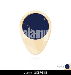 Map pointer with flag of Alaska. Orange abstract map icon. Vector Illustration. Stock Vector