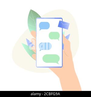 Hand holding mobile phone and chatting. Online chat, messaging app. Relations on distance vector illustration Stock Vector