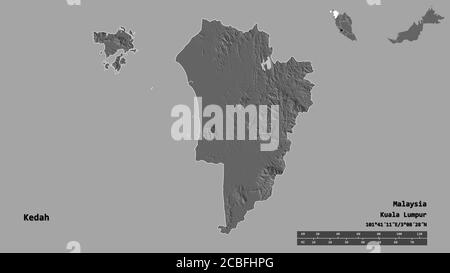 Shape of Kedah, state of Malaysia, with its capital isolated on solid background. Distance scale, region preview and labels. Bilevel elevation map. 3D Stock Photo